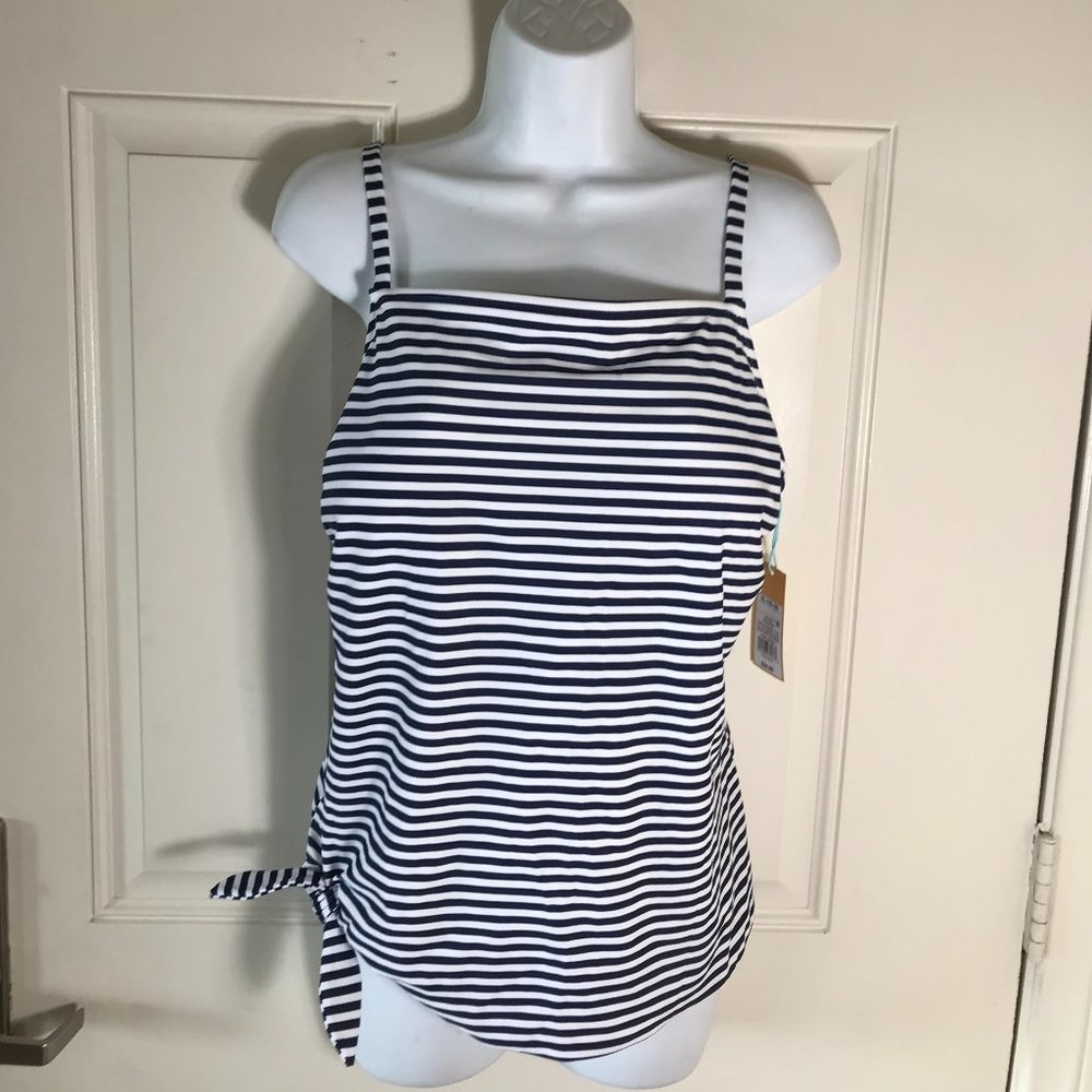 NWT Kona Sol Tankini Swimsuit Top Blue/White Stripe Side Tie - Picture 1 of 3